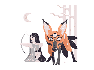 🙍🏻‍♀️🦊 bow and arrow character eye eyes fantasy forest fox girl hair moon scifi three eyes trees wolf woman