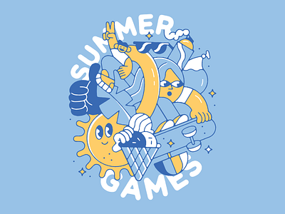 Summer Games child eyes games girl ice cream inner tube kid leaf plant shaving cream skateboard summer summer games sun sunglasses thumbs up umbrella water balloon