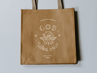 God Vibes badge bag bible study bird brown paper church church marketing clean craft god life lines plant seal simple typeography vintage white woman womens ministry