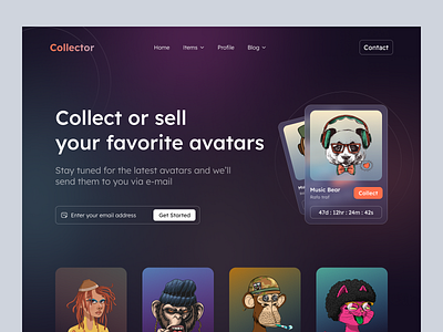 Collector - NFT- Landing Page blockchain card crypto cryptocurrency etherium gallery header landing landing page nft nft coin nft landing page nft market nft marketplace nft web platform token ui ux web