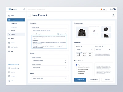 Anro Dashboard Product Page add add product buy dashboard dashboard design e commerce jacket leather online online shopping order product product design schedule side menu ui user experince ux web