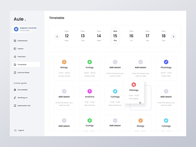 Aule. - Course Timetable biology calendar college course dashboard e learning education figma lesson online course professor study teacher teachers timetable ui ux web web app