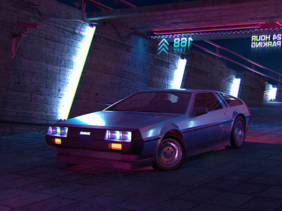 Night Parking — DeLorean arnold c4d chrome cinema 4d concrete delorean neon parking render retrowave synthwave vhs