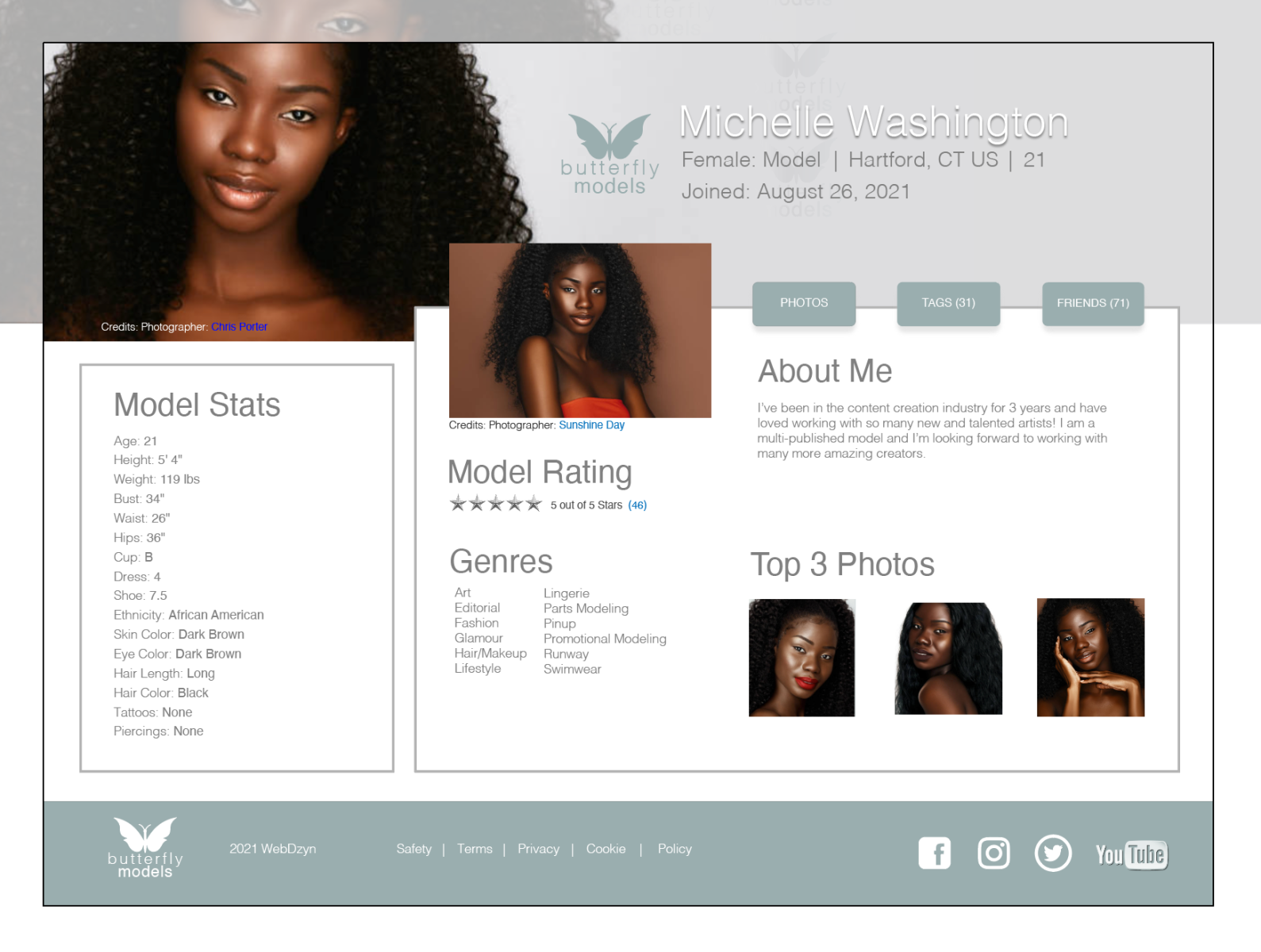 Profile Challenge#006 Light Theme - Model Profile by TJ Alston on Dribbble