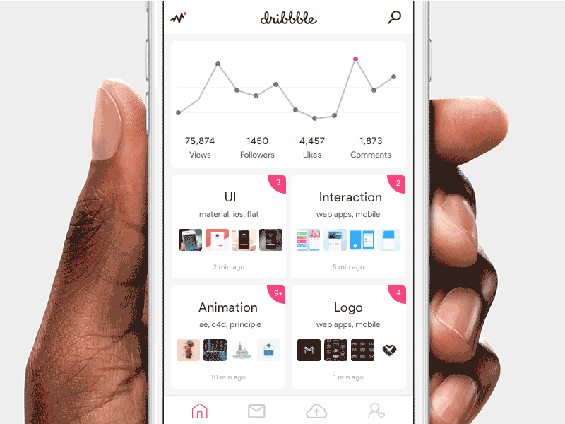 Dribble Profile page with your project - Micro interactions app card chat comment concept design dribbble home illustration screen ui