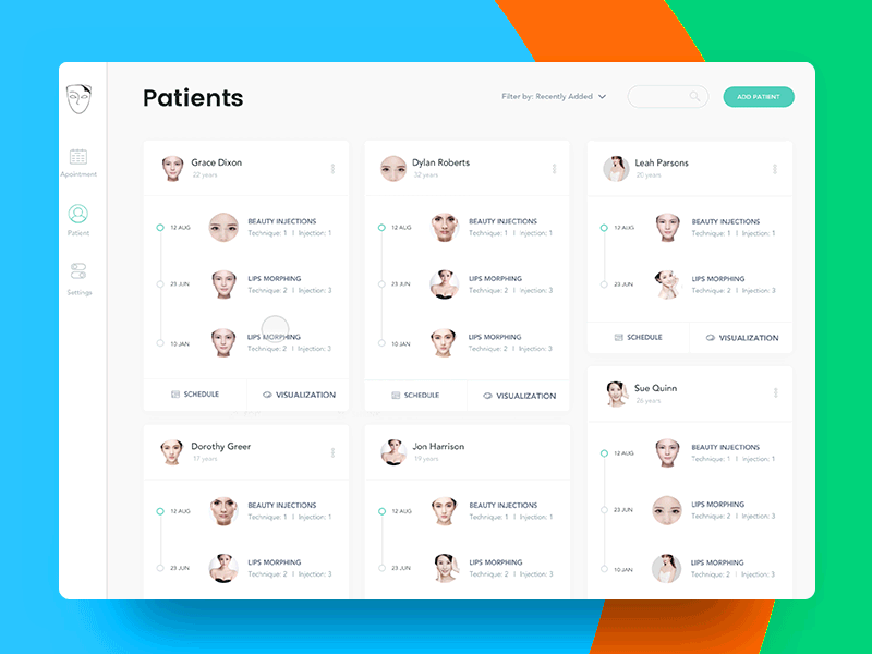 Patient Details card Interaction app appointment cards clean colourfull design doctor filter graph schedule task