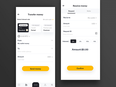 Blockchain app receive and transfer app bitcoin blockchain crypto currency dashboard design mobile payment token ui wallet