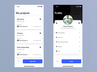 Projects and Profile animation app clean dashboard design ios iphone johnyvino minimal mobile pro pro bono pro create pro resume profile project project 52 project management projects ux