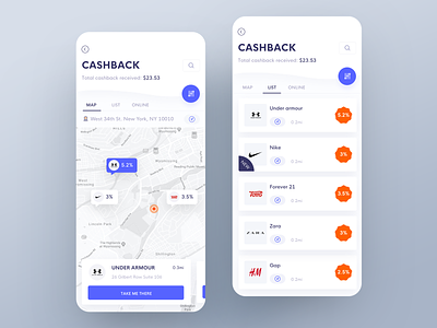 Cashback amount animation app cash cashback cashew chase clean discount filter interaction interface ios johnyvino map mobile navigation total ui ux