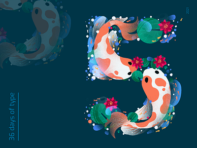 36 DOT 5 36daysoftype 5 graphic design illustration koifish leaves pond procreate type