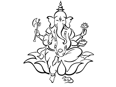 Ganesha, Hindu god of beginnings, sitting on lotus, blessing black and white blessing deity design elephant ganapati ganesha god graphic design graphics hand drawn hindu illustration ink logo lotus outline silhouette stylized symbol
