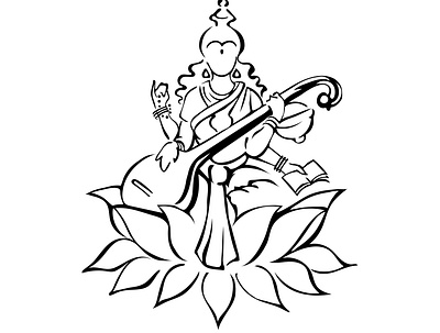 Saraswati, Hindu goddess of wisdom, on lotus flower with veena art black and white cognition decor deity goddess graphic design graphics hand drawn hindu illustration ink lotus modern outline religion saraswati silhouette sketch symbol