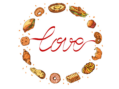 Love for bakery. Elegant ribbon lettering, circle of baked items