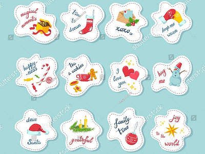 Christmas and New Year stickers with hygge lettering