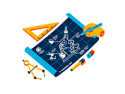 Science blueprint blueprint compass death ray design eraser hand icon illustration isometric pen schematic science square thierry fousse