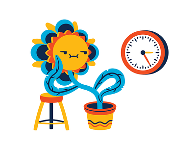 Waiting bored character clock flower flower pot jaded leaves plant stool thierry fousse wait waiting watch