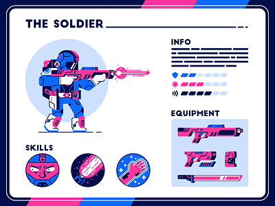 The Soldier - character screen armor character energy equipment fire futuristic icons illustration laser rifle rpg screen shoot skills soldier stats sword thierry fousse weapon