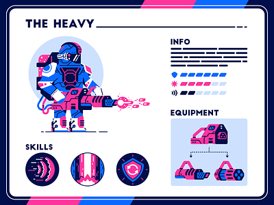 The Heavy - character screen armor character energy equipment futuristic heavy icons illustration laser machine gun minigun rpg screen shield shoot skills soldier stats thierry fousse weapon