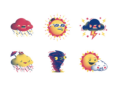 Weather stickers set #1 (textured) character cloud forecast icons illustration lightning lightning bolt noise rain sun sunglasses sunset texture thierry fousse tornado twister umbrella weather weather forecast