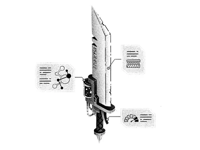 Inktober #5 - Blade blackandwhite blade blueprint futuristic grain illustration ink inktober inktober2020 inktober52 noise power runes schematic steampunk sword texture thierry fousse vial weapon