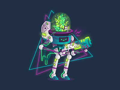 Cyberplant armor breath character cyber futuristic gun illustration light lighting bolt neon neon light oxygen plant robot texture thierry fousse weapon wires