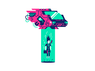 Upload beam businesswoman character fly futuristic hover illustration laser neon sci fi science fiction shuttle spaceship thierry fousse tie tractorbeam upload wires woman
