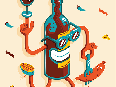"Les Estivales" Poster bottle character drink food fun glass isometric montpellier poster sausage thierry fousse wine