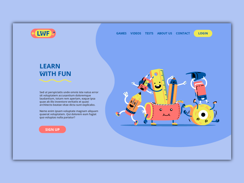 Kids educational website - landing page thierry fousse eraser school playful pencil child kid educational homepage landing page fun character