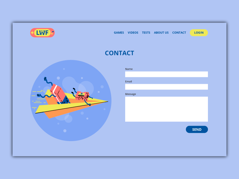 Contact Page illustration form character fun paperplane contact kid error 404 playful school page scene thierry fousse