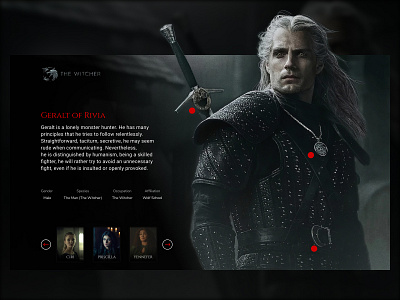 A page with a description of characters from the Witcher univers book dark theme design figma film game graphic design ui uiux ux uxui whiter3 witche