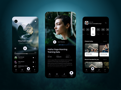 Yoga and Meditation Mobile App app app design dark dashboard data figma gradient health meditation meditation app mobile mobile app training ui ux yoga yoga app