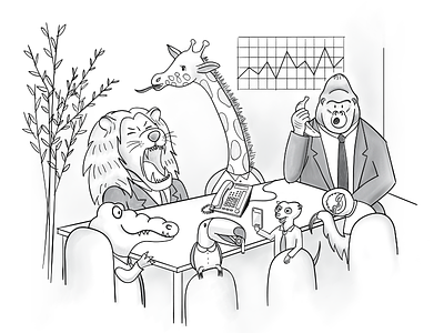 Welcome To The Jungle animals black and white business meeting comic conference illustration zoo