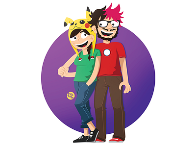Geek Duo boy cartoon cool gamers geek girl iron man nintendo pikachu pokeball pokemon videogames