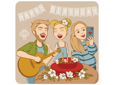 Birthday boy cake character design draw flower girl illustration illustrator man people vector warm