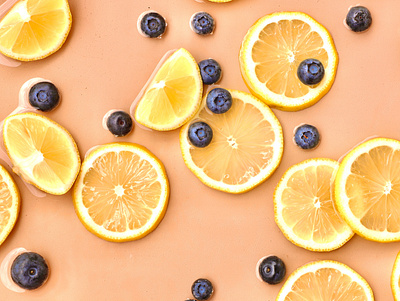 Cheerful Lemon Slices blueberries blueberry branding celebration cheerful design detox food fruit healhy juice lemon orange photography pinkish round slice slices tray yellow