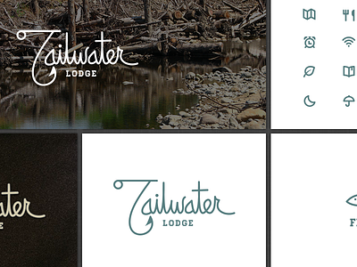 Tailwater Lodge Logo Wut Wuuuuut! brand brown climicons fishing fun hook icons logo mark odge rounded script simple smooth tail teal water white