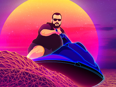 Mike on a Jetski 80s beard glow gradient jetski neon retro shades