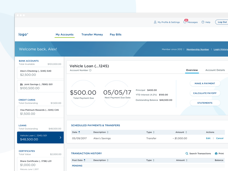 Online Banking Dashboard graphs tables finance banking left rail navigation dasboard ui