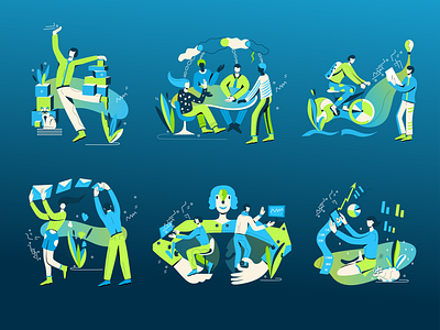 Blue and green characters app branding design editorial illustration ui vector