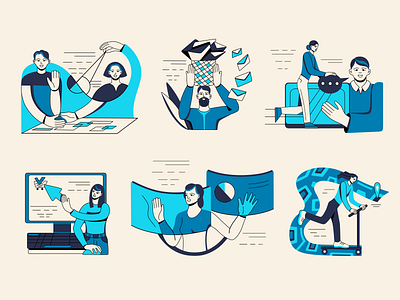 Blue characters app branding design editorial illustration ui vector