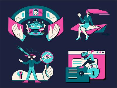 Blue and magenta characters app branding design editorial illustration logo ui ux vector