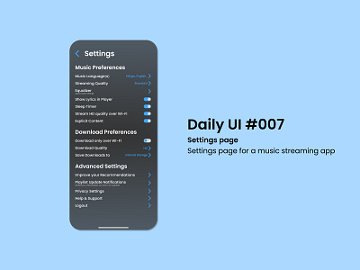 Settings screen for a Music Streaming App app branding design ui ux