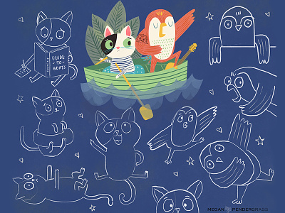 Character development -Poses cat characters childrens book illustration owl sketches wip