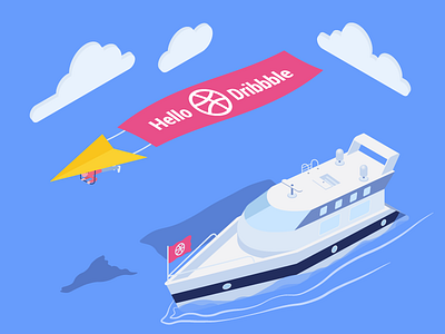 Hello Dribbble ! color debut flag illustration yacht