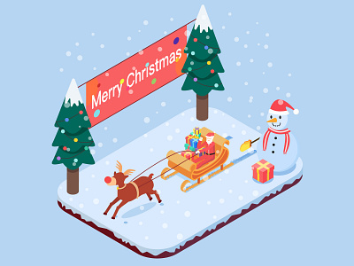 Merry Christmas 2.5d christmas tree color deer gift happy illustration merry christmas poster santa claus sled snowflake snowman
