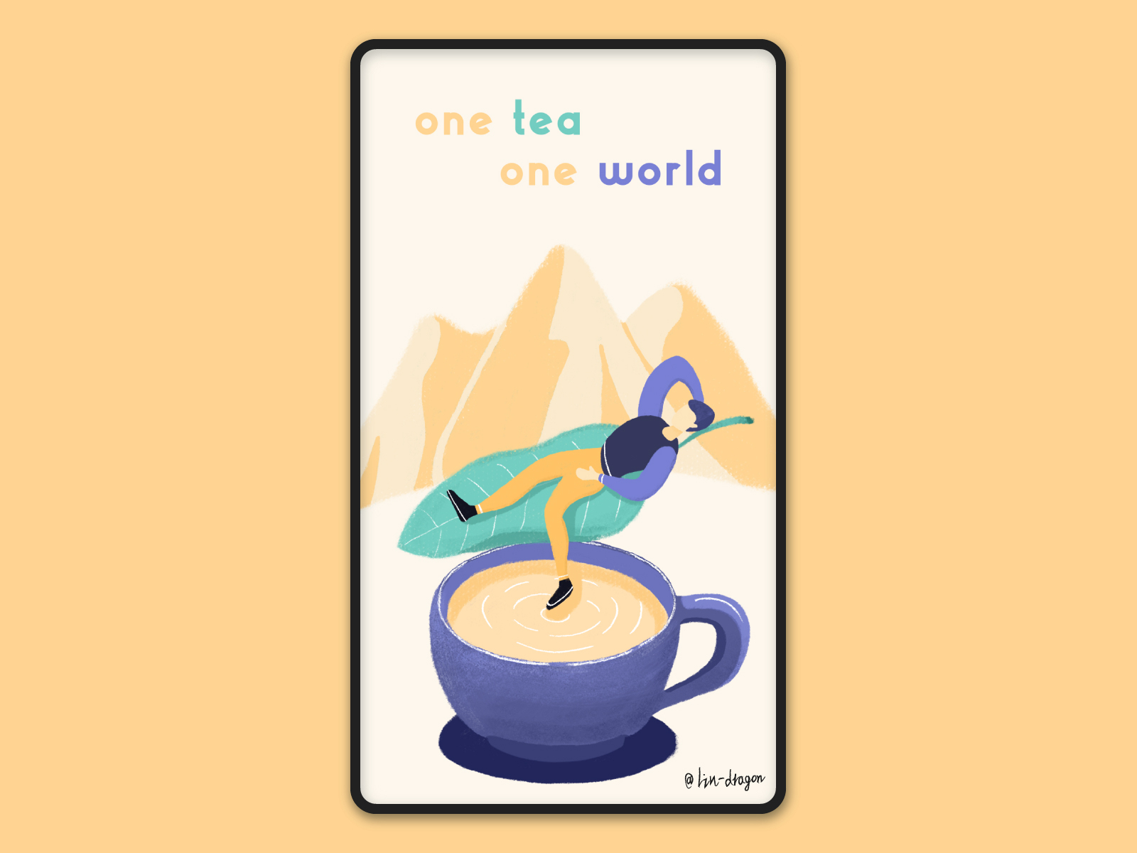 one tea one world color cup design flat illustration mountain tea