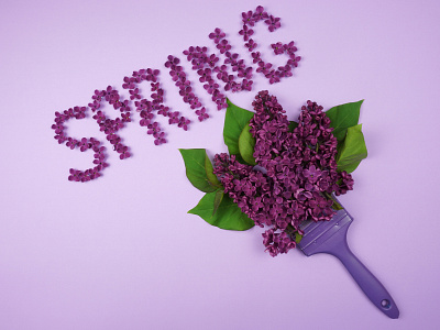 The word SPRING is written with a brush with lilac flowers. branding design