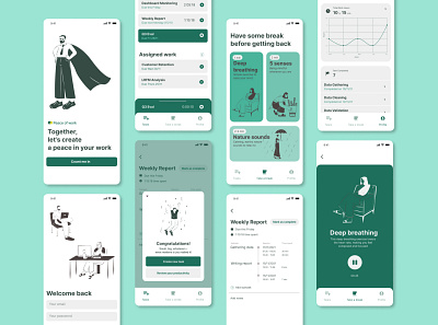 Productivity Mobile App — Peace of Work mental health mobile app productivity app ui uiux uiux design ux