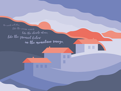 Hiding in the Mountain Range © Kaitlyn Hughes clouds house illustration minimalistic mountain nature poetry purple red violet
