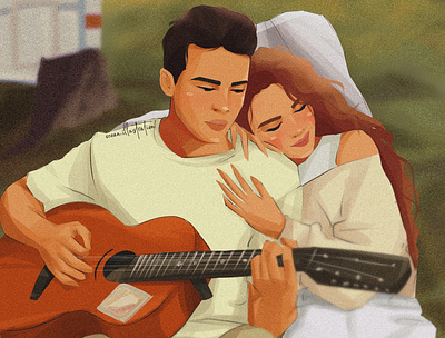 Love with a guitar characterdesign design digital art digital illustration digitalart drawing family portrait grass guitar illustration portrait